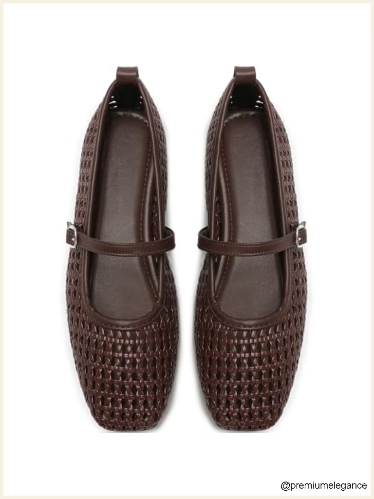 Faux Leather Woven Mary Jane Flats With Adjustable Buckle Strap - Lightweight
